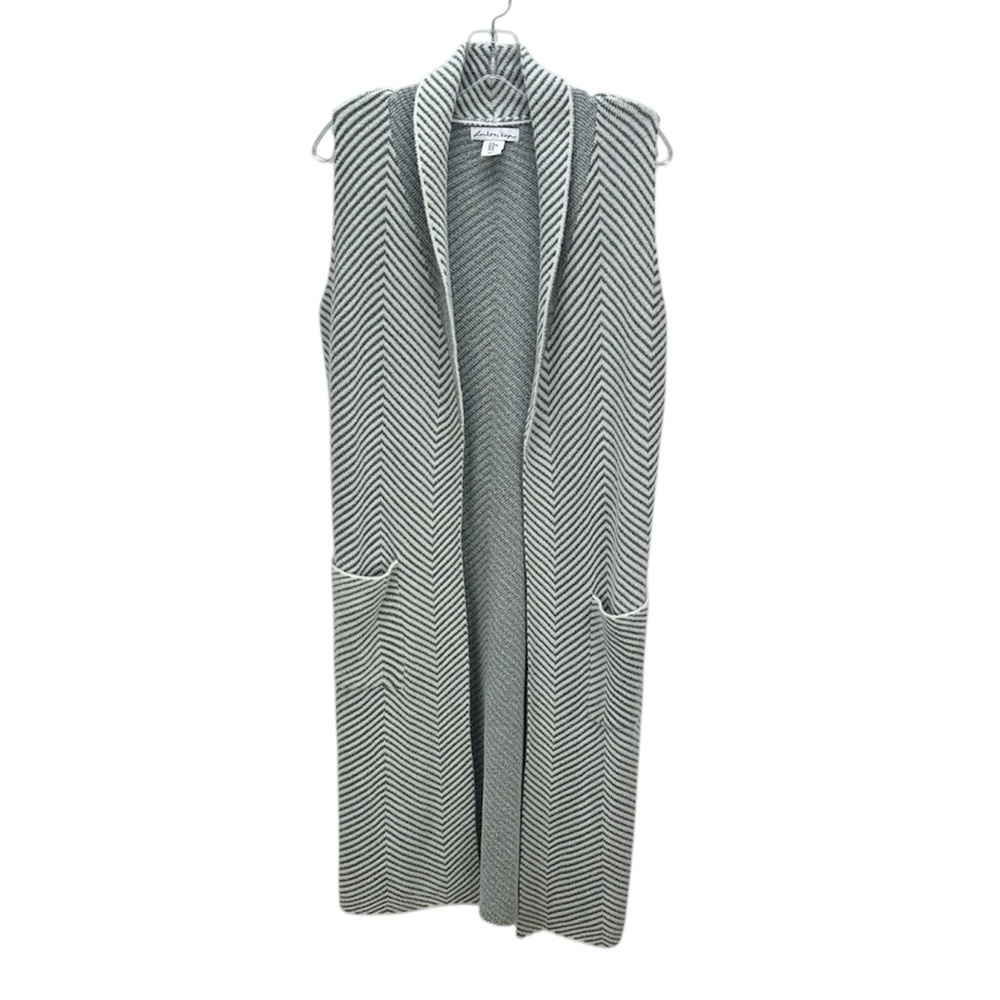 London Kaye‎ Gray White Chevron Long Line Open Sweater Vest Cardigan M Pockets